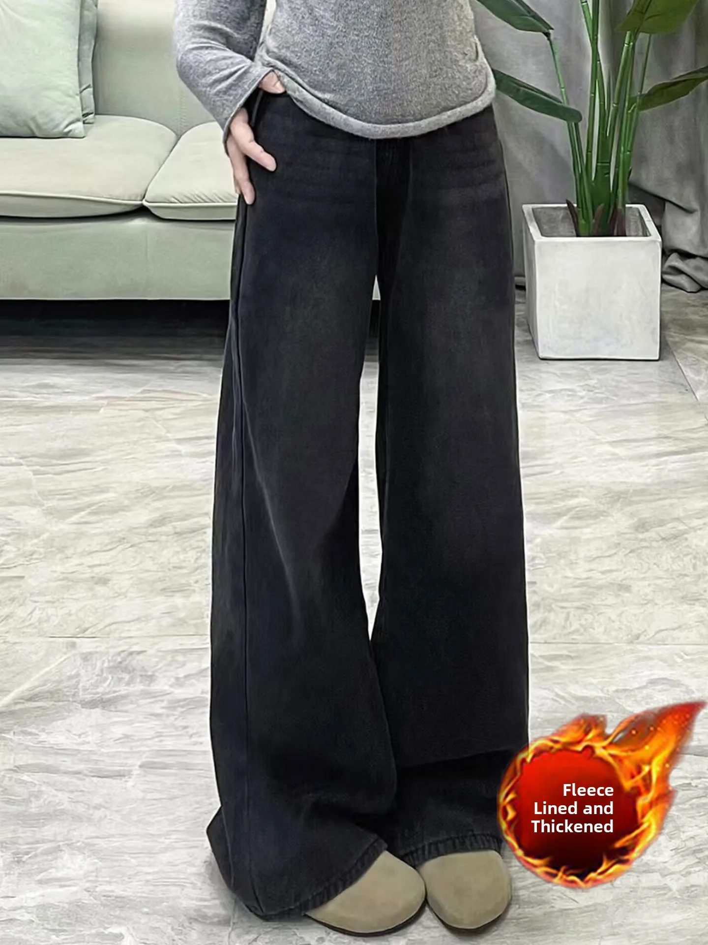 

plus Size Women's High Waist Fleece Lined Thick Wide Leg Jeans Casual Straight Cut Pants Autumn Winter Comfortable Slimming