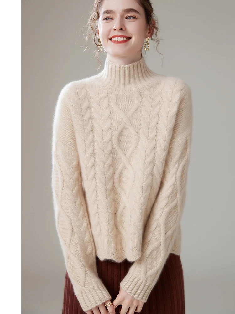 Women Cashmere Sweater Casual Oversize Pullover For Winter 100% Cashmere Knitwear High Quality Twist Mock-neck Jumper Tops