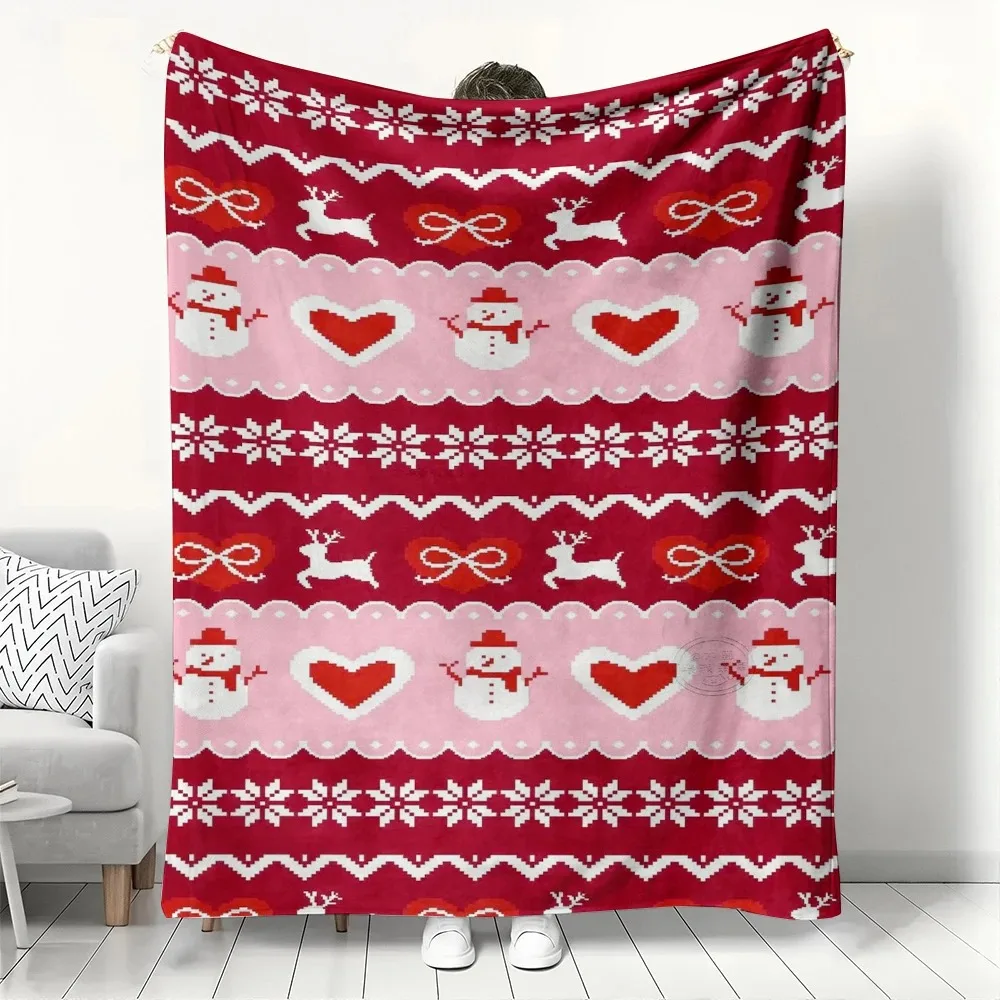 

Christmas Snowman & Reindeer Pattern Fleece Blanket, Red Pink Knit Style Throw Blanket, Soft Cozy for Couch Bed Festive Winter