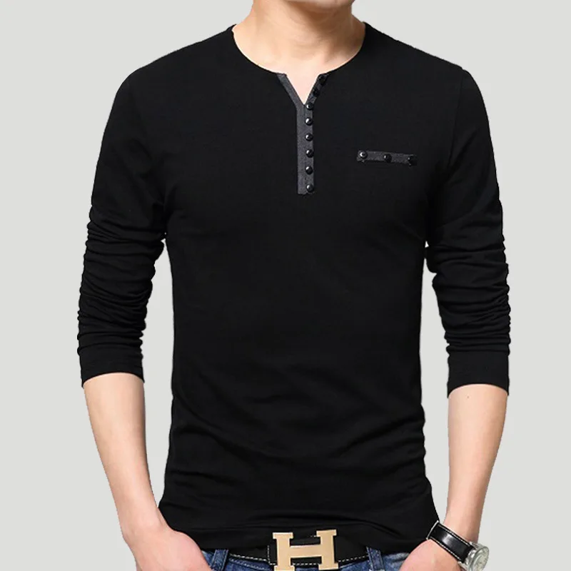 Spring Autumn New Fashion V-neck Long Sleeve Contrast Color Men\'s Clothing Pure Cotton Pullovers T-Shirts Slim Korean Trend Tops