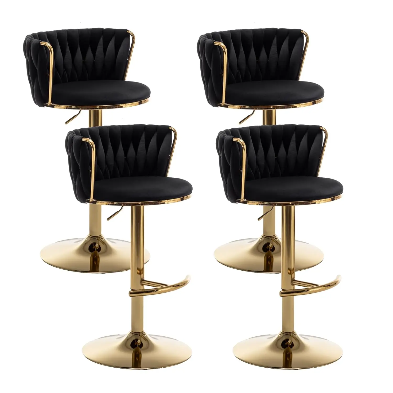 Goldene Samt-Barhocker 4er-Set, Drehbare Thekenhöhe-Barhocker mit Rückenlehne, Verstellbare Geflochtene Barhocker, Individuell Anpassbar