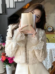 Women Elegant Beige Tweed Spring Autumn Tops Light Luxury Beading O-Neck Collar Fashion Jacket High Quality Plush Edge Outwear