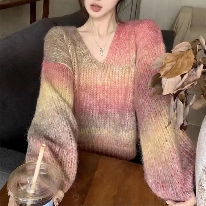 Fall Clothes Long Sleeve Top Knit Sweaters Women Korean Fashion Mohair Sweaters Drop Shoulder Tie Dye Pullovers Fuzzy Gradient