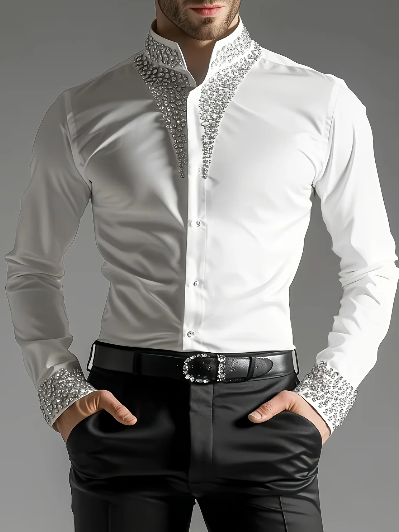 Luxury Rhinestone Shirt for Men Mandarin Stand Collar Crystal Embellished Cuff Long Sleeve Slim Fit Party Wedding Formal Blouse