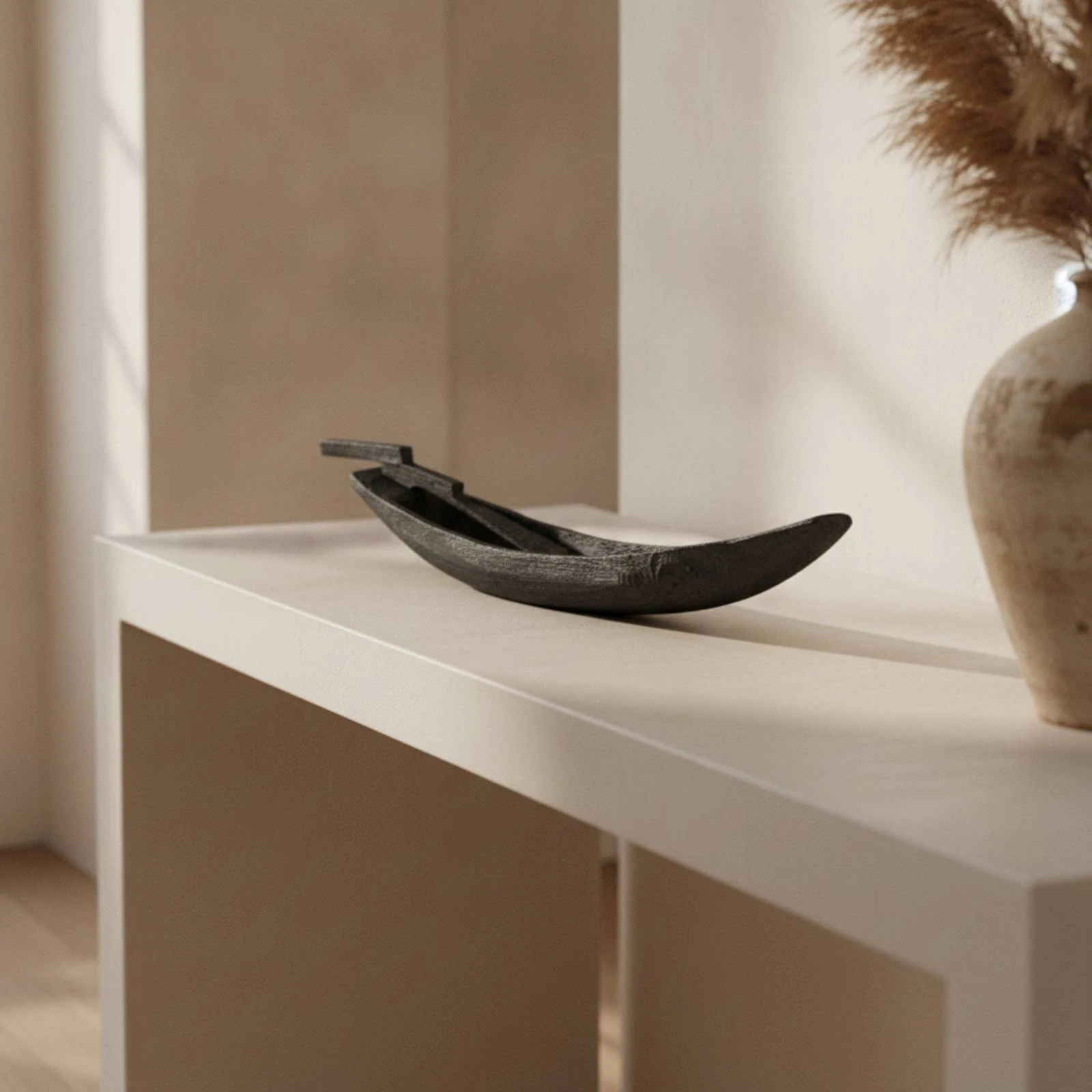 Wooden Boat Ornament Handmade Boat Sculpture with Oar Wooden Vessel Figurine Rustic Tabletop Decor Handmade