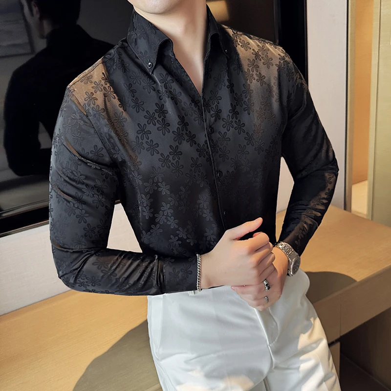 Black/White High Quality Dark Patterned Jacquard Men's Shirt Korean Designer Long Sleeved Slim Fit Casual Prom Tuxedo Shirt