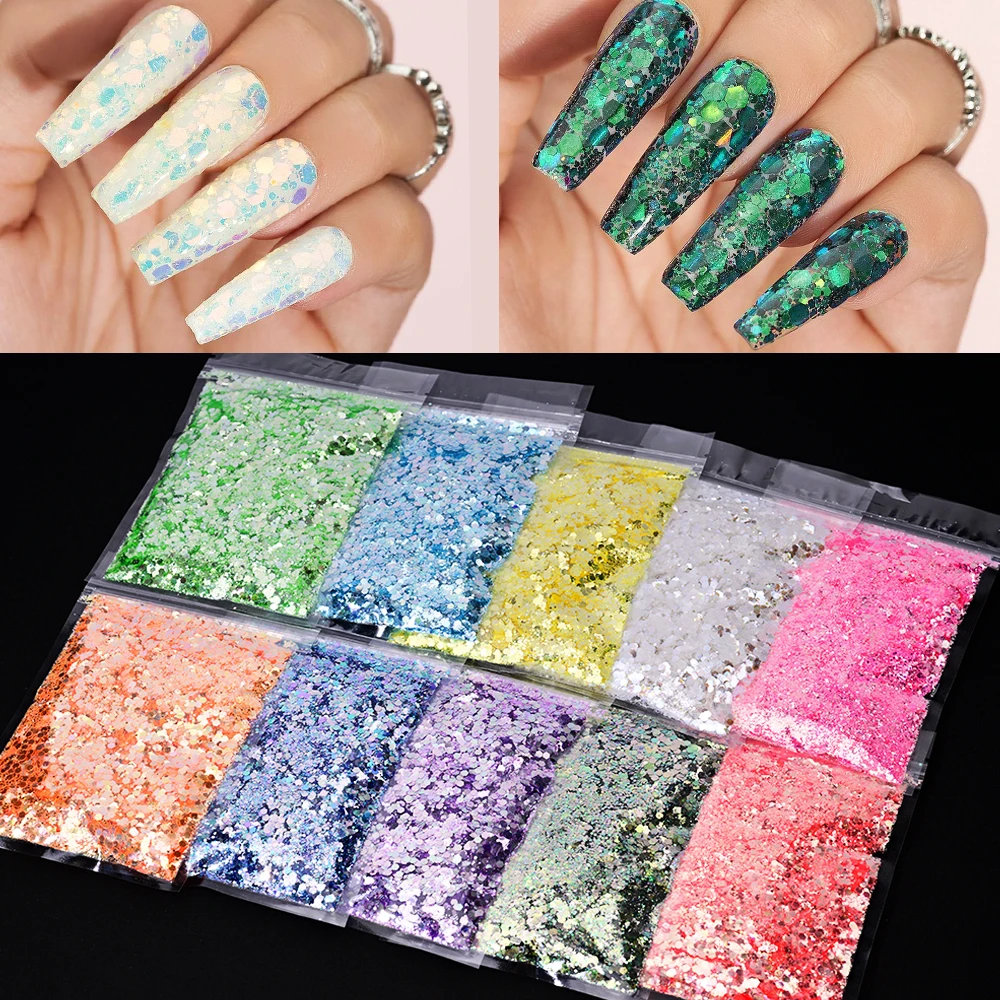 1Bag/50g Super Shiny Nail Glitter Flakes Holographic Sparkly Hexagon Sequins Mermaid Nail Art Pigment For Manicure Makeup Decora