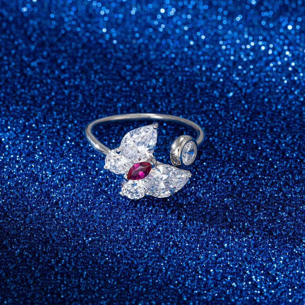 

KISS MANDY Sparkling Butterfly Open Ring 8A Premium Zircon Ruby 925 Sterling Silver Finger Ring High-End Wedding Jewelry LZR15