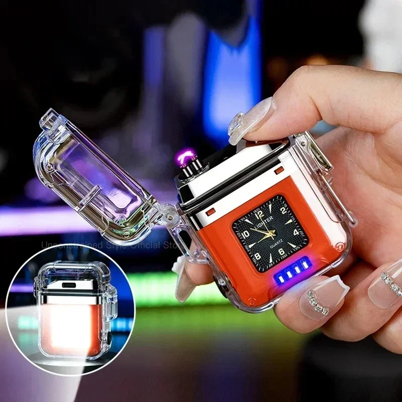 

Hot New Quartz Clock Transparent IP56 Waterproof Double Arc Type-C Lighter Outdoor Windproof With COB Lighting LED Power Display