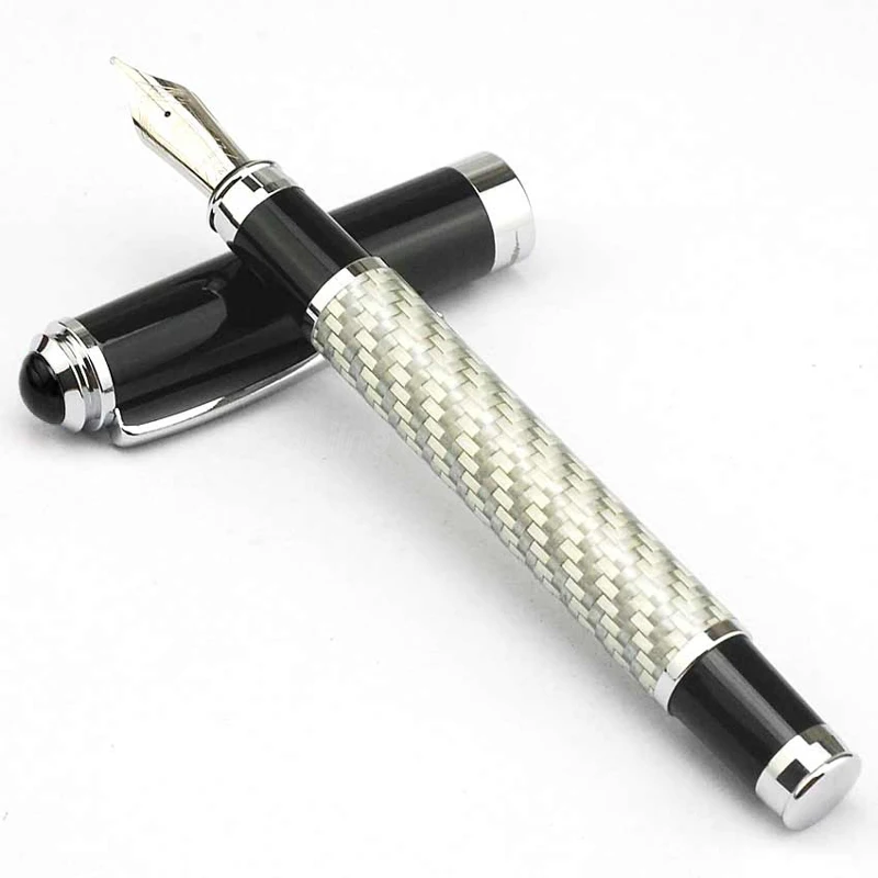 

Fuliwen Carbon Fiber Classic Fountain Pen Medium Nib 0.7mm Advanced Little Silver Grid & Black Cap Writing Gift Pen FF008