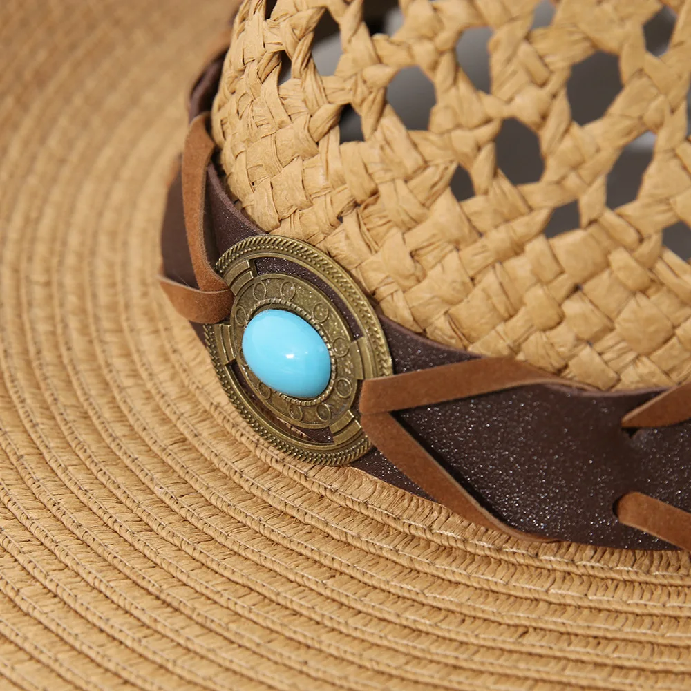 Hand Woven Western Cowboy Hat with Belt Decor, Outdoor Straw Sun Cap for Men Women, Wide Brim Couple Hat Cross Border