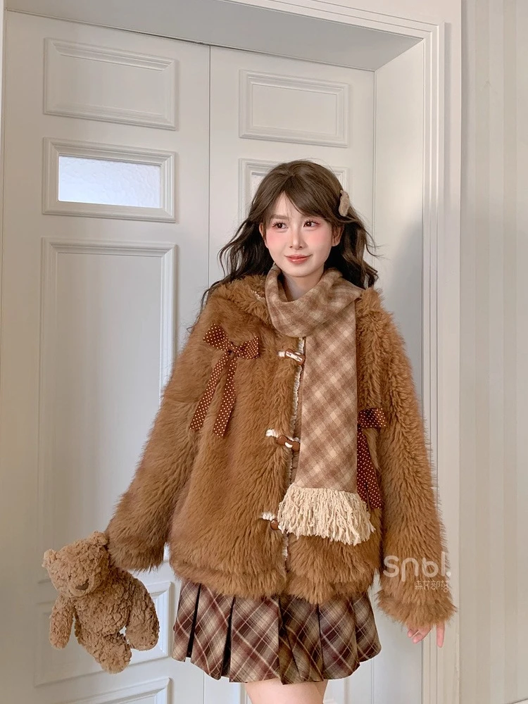 أزياء حلوة لطيف فتاة الدب هوديي معاطف واحدة الصدر فضفاضة تنوعا Kawaii سميكة أفخم سترات قصيرة للنساء الشتاء #5