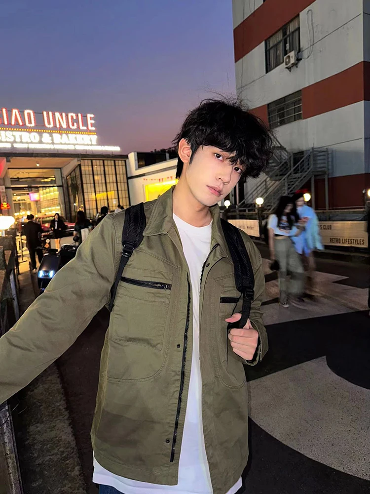 

Retro American Waed Vintage Heavyweight Jaet Men's Autumn Clean Fit Collar Casual Outerwear Vintage Sle Long Sve Zipper