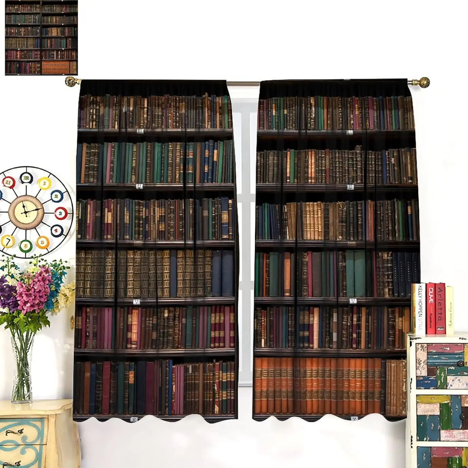 Room Darkening Retro Bookshelf Curtains - Library Books Neatly Arranged Print for Kitchen, Bedroom, - Shading Curtain Set