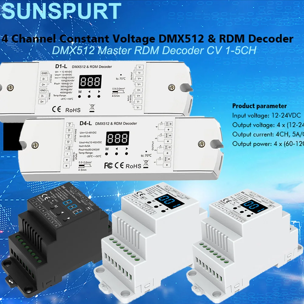 10PC 4-5CH DMX512 D5 3/5PIN RDM Decoder Master 960W 6A per Channel Constant DC12V-48V with OLED Display XLR5 Ports 16bit Dimming