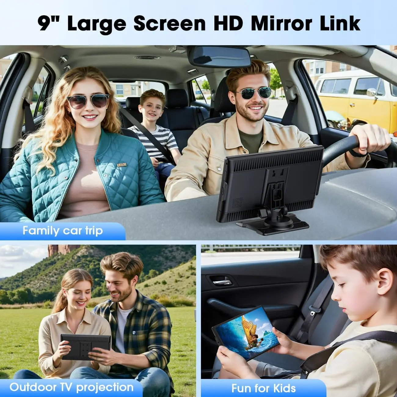 شاشة لمس محمولة تلقائية مقاس 9 بوصات CarPlay وAndroid مع بلوتوث وتحكم صوتي ومكالمات بدون استخدام اليدين