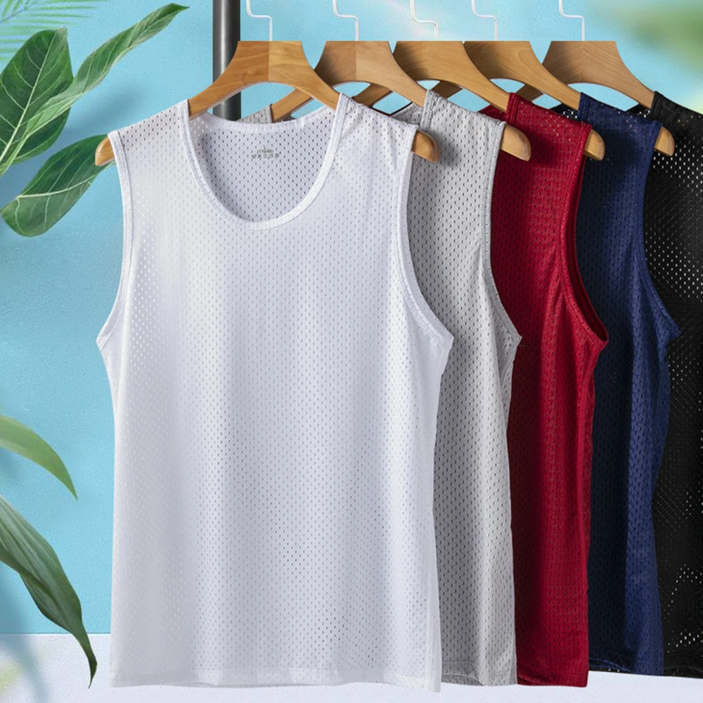 Men Ice Silk Underwear Quick-drying Fitness Clothing Men Sleeveless Casual Thin Sport Gym Mesh Vest Mens Bodybuilding Tank Tops