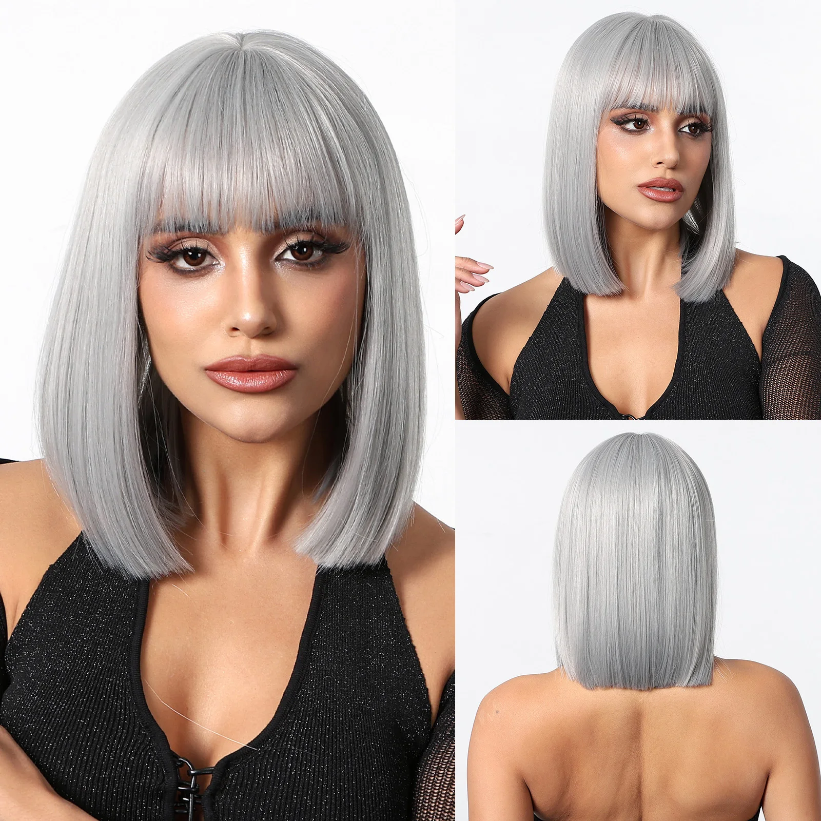 Cubo de cabelo-Perucas sintéticas curtas com franja para mulheres, galaxy, cinza, reto, macio, natural, resistente ao calor, diário, cabelo cosplay