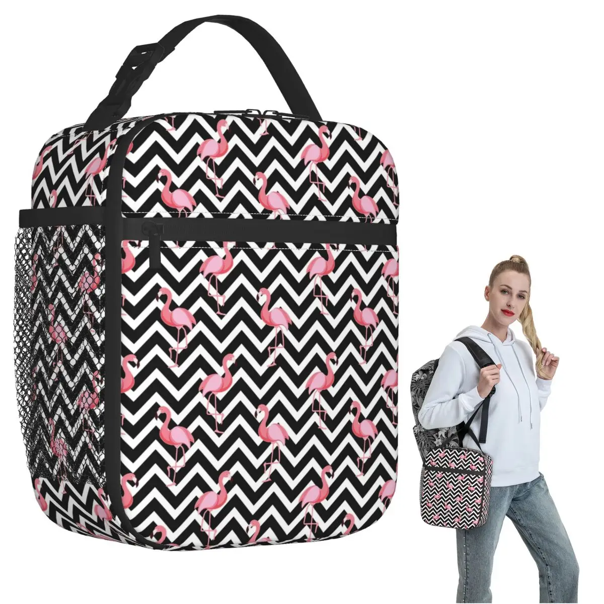 Black Striped And Cartoon Flamingo Pattern Insulated Lunch Bag for Women Kids Portable Food Boxes Thermal Lunch Box Tote