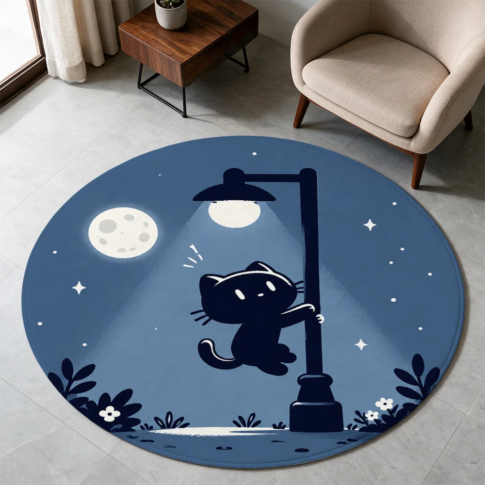 Cute Black Cat Under Streetlight Night Scene Round Area Rug for Living Room Nursery Decor Pet Lover Gift