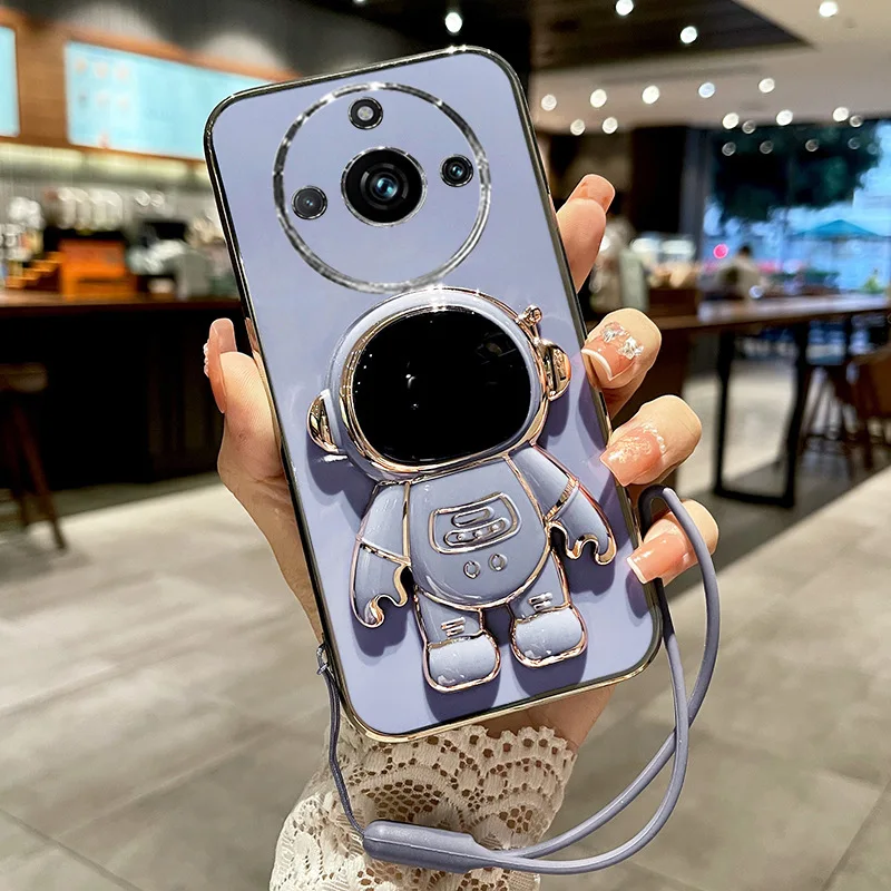 For Realme 11Pro 11 Plus Electroplated Drop-proof Dustproof Soft Phone Case with Cartoon Astronaut Folding Stand  Holder lanyard