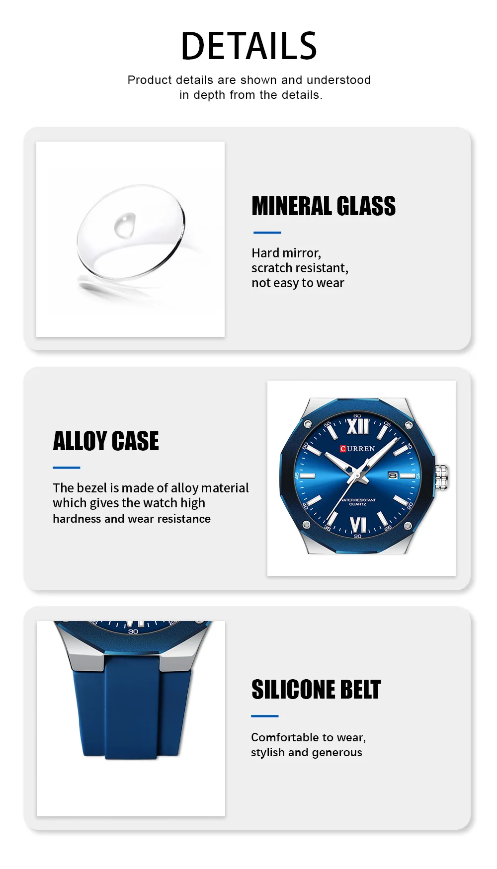 CURREN Einfache Luxus-Herrenuhren Neue Business-Quarz-Armbanduhr mit Silikonarmband Leuchtende Zeiger Wasserdichte Uhr – Detail 7