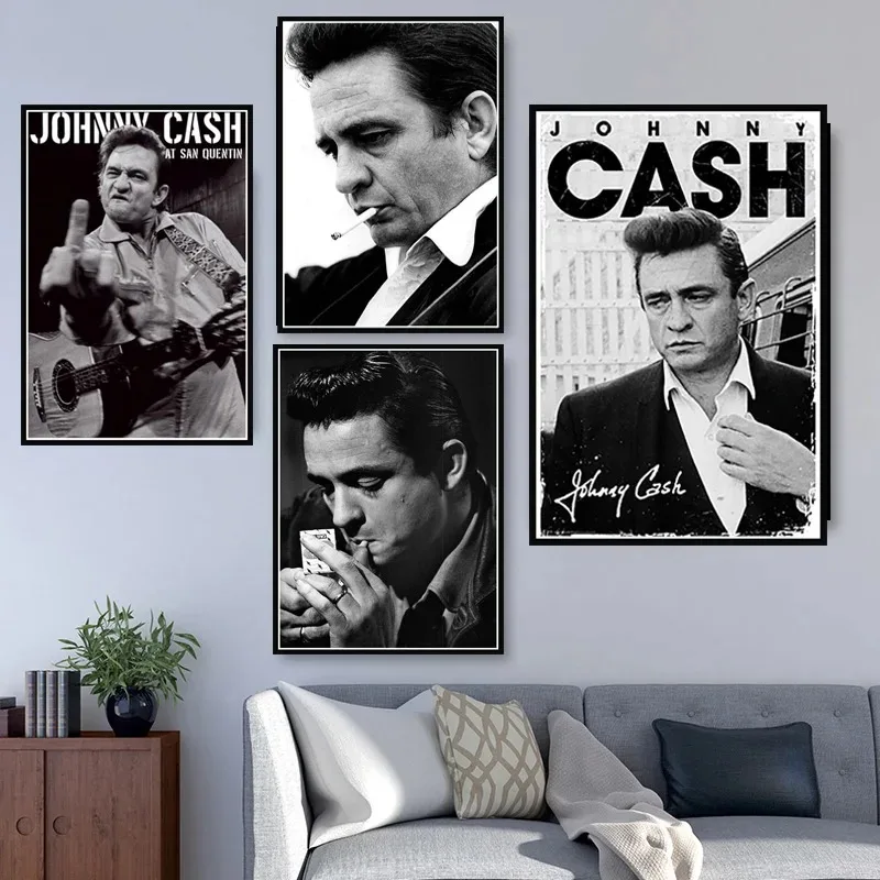 Rock Music Band Star Johnny Cash Black White Retro For Room Living Sofa Wall Art Home Decor Picture Canvas Painting Poster