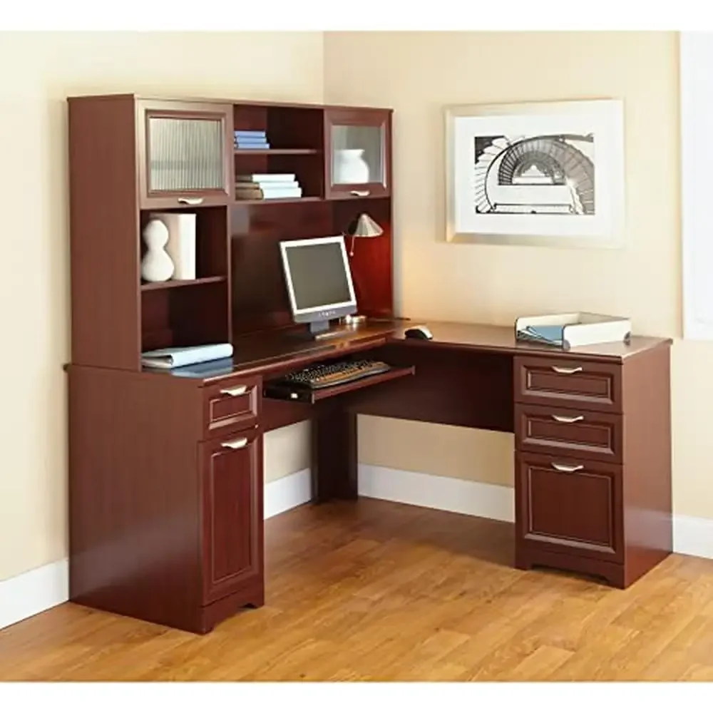 Corner Computer Desk L-Shape Cherry Finish Keyboard Tray Cable Management 4 Drawers