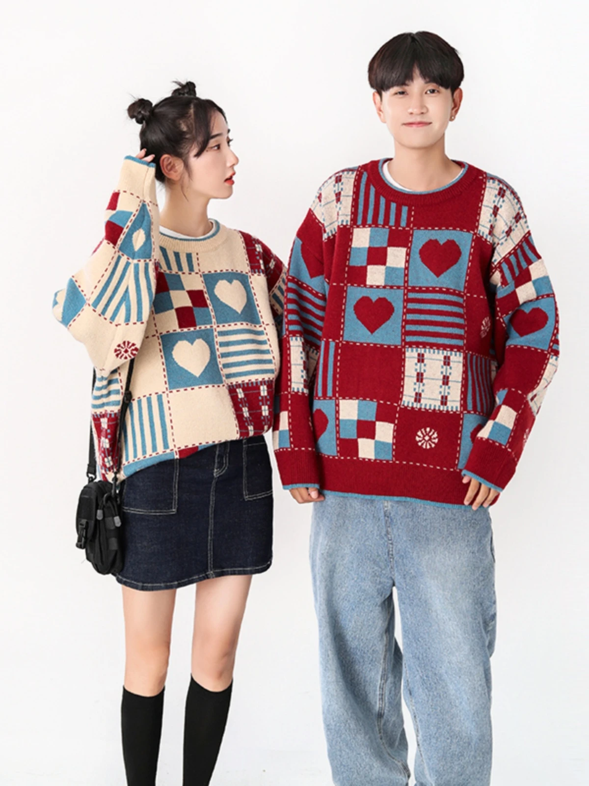 

Ретро-свитер в японском стиле с круглым вырезом и узором в клетку, свободный крой, вязаный, для пар, повседневный, с длинными рукавами