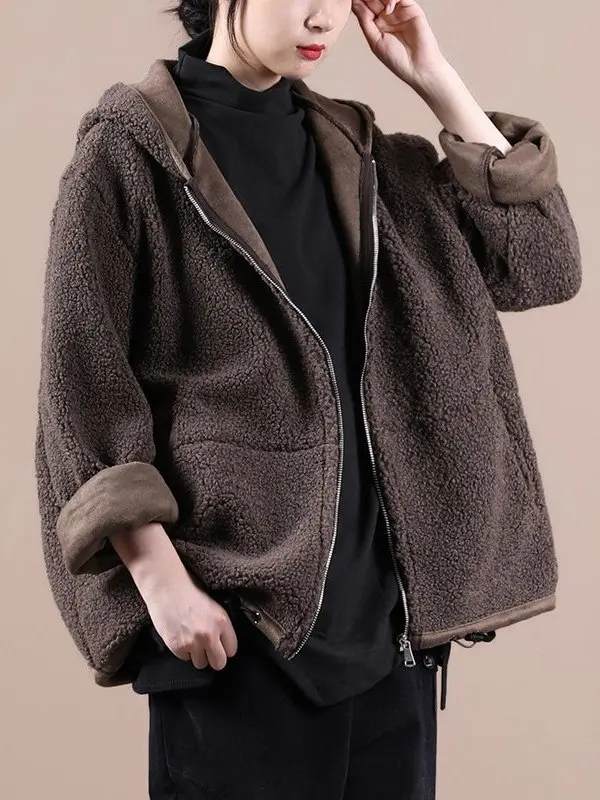 

Женское пальто оверсайз с капюшоном из меха ягненка, повседневное художественное пальто свободного кроя, осенне-зимнее пальто, длинное свековое пальто на молнии...