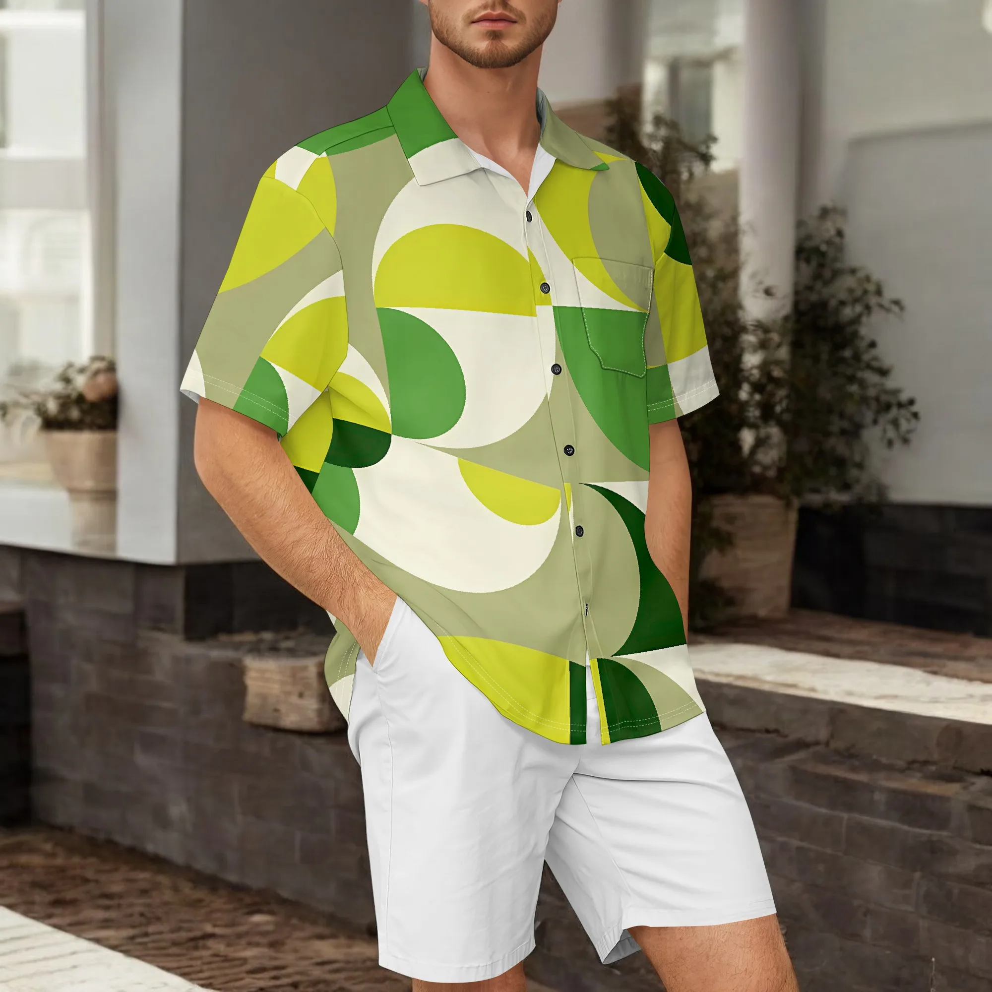 YEAE Green Geometric Fan Pattern Shirt for Men Summer Casual Short Sleeve Top
