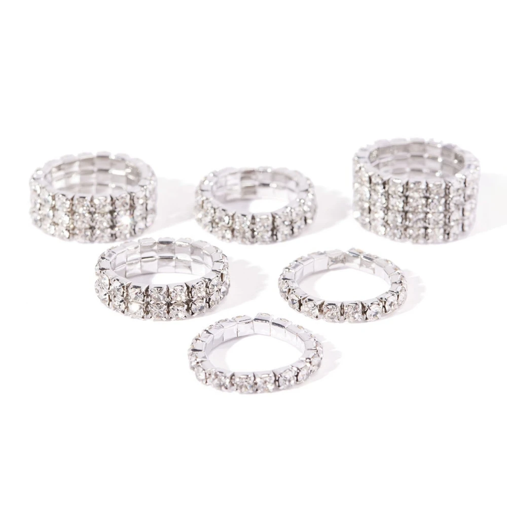 Clear Rhinestone Crystal Geometric 6PCS Round Open Rings Finger Decoration for Women Rhinestone Adjustable Finger Rings