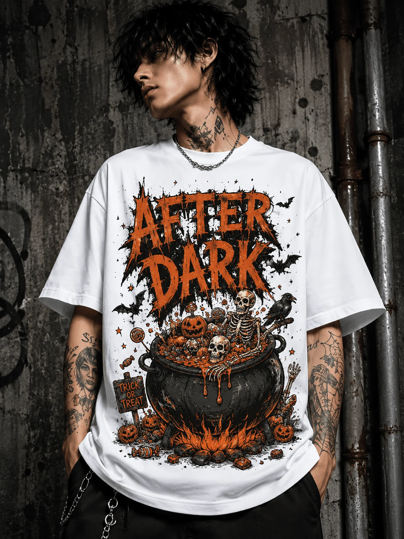 Halloween Costume Men's T-Shirt- Pumpkin, Candy Bucket, Skull, Explosion Print, Fun Halloween Style, Black Round Neck Short Sleeve Regular Fit T-Shirt, Suitable for Halloween Parties