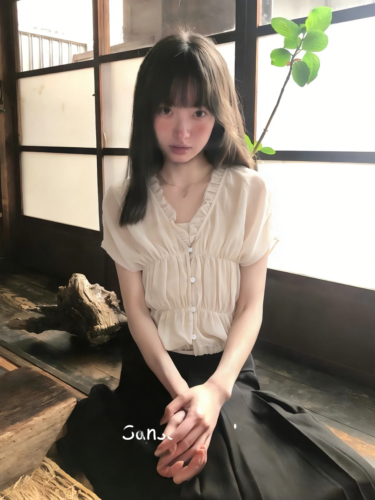 

Short Sleeve Chiffon Shirt Women's Early Summer Fashion Slightly Transparent Built-In Strapless Slimming Waist Design Top