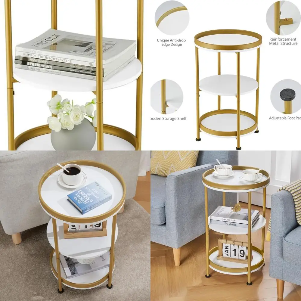 

Круглый приставной столик с подносом для хранения вещей для гостиной, 15 дюймов Д x 15 дюймов Ш x 24 дюйма В. Тумбочка для спальни, 3-х ярусная прикроватная тумбочка со стальным каркасом