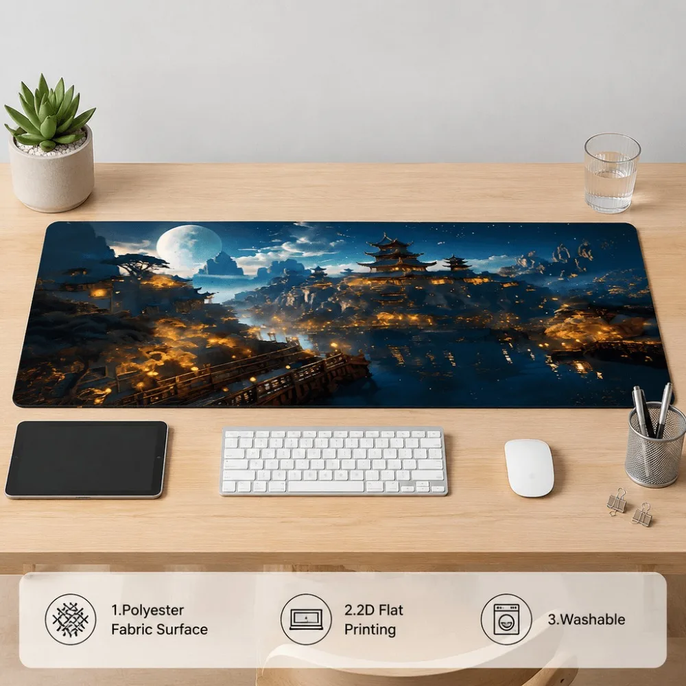 Original fantasy night city moon print elongated table mat. Suitable for office, home office desk, work and game setup