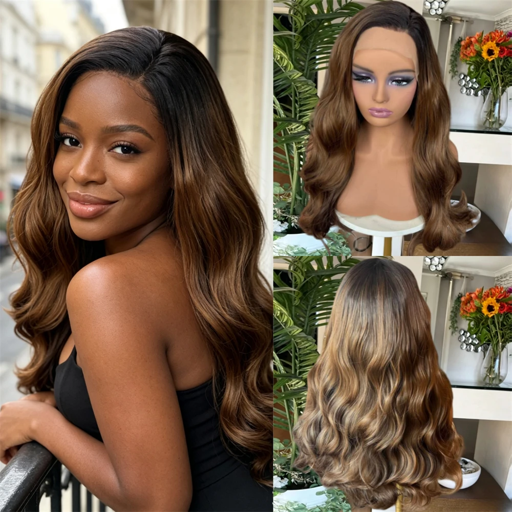 13x4 Ombre Warm Honey Balayage Heat Friendly Synthetic HD Lace Front Wig For Women Preplucked Hairline Soft Long Body Wave Wig