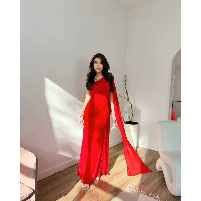 Indie Thời Trang Một Vai Prom Gown Phụ Nữ Màu Đỏ xếp li Đảng Buổi Tối Ăn Mặc Chiều Dài Sàn Nàng Tiên Cá Tùy Chỉnh Trang Phục Chính Thức Dịp Áo