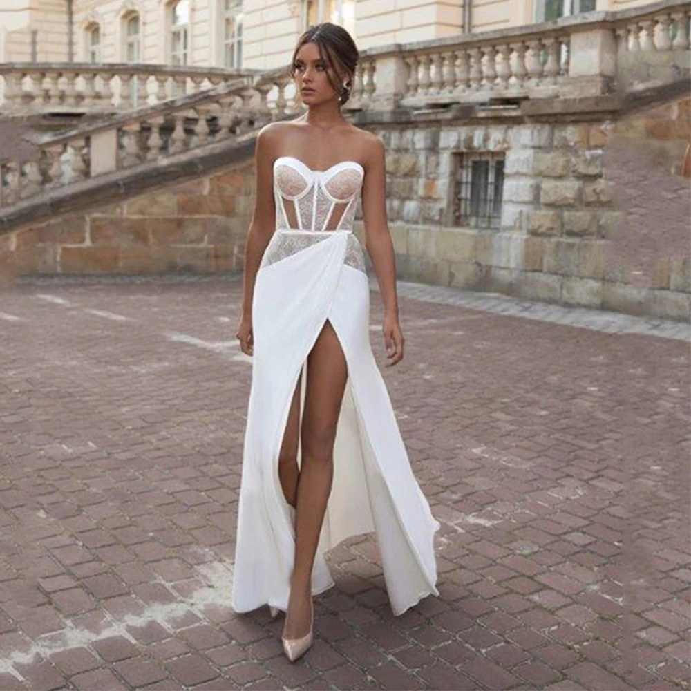 Elegante perline sirena con spalle scoperte abiti da sposa con spacco alto spalline senza spalline Sexy senza maniche bellissimo abito da sposa