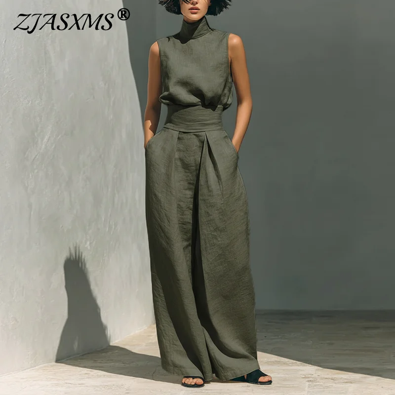

Women's 2 Piece Set 2026 Summer Sleeveless Turtleneck Top and Wide Leg Pants Set Casual Solid Cotton Linen Pocket Spring Outfits