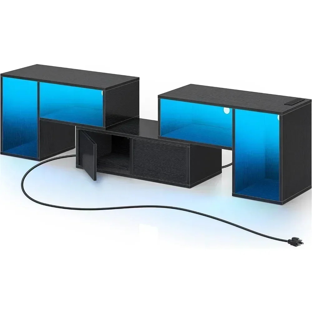 TV Stand, Deformable TV Stand with Power Outlets & LED Strip, Modern Entertainment Center,  TV Stand with 2 Storage Cabinet