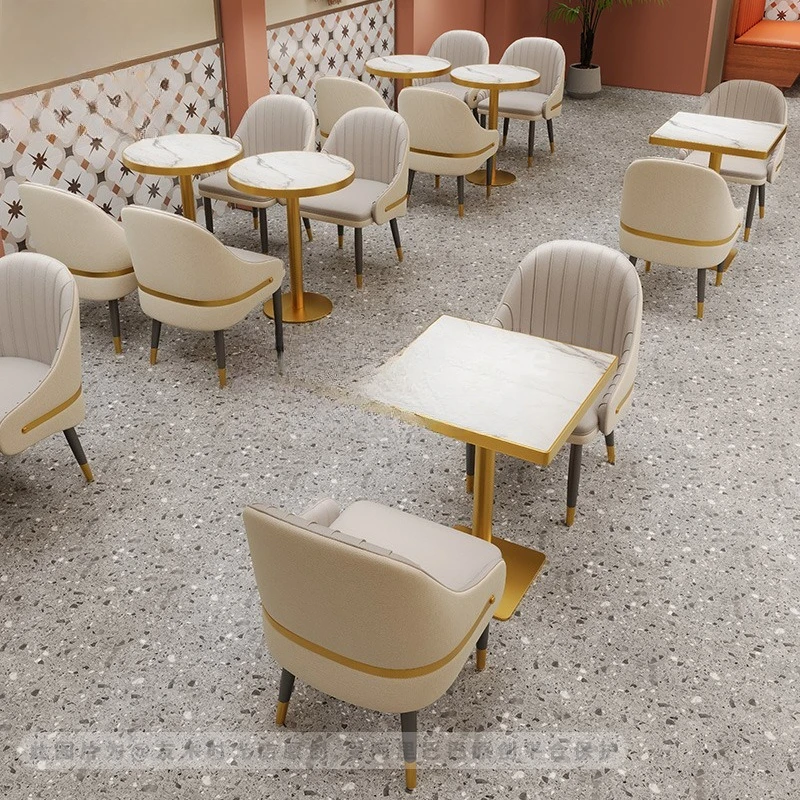 Luxury restaurant furniture set, commercial restaurant gold frame metal tables and chairs and wooden booth sofas