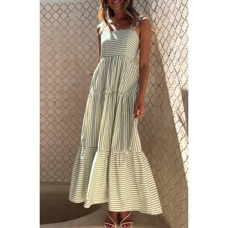Combhasaki Donna Estate Senza Maniche Casual Stampa a Righe Smocked Orlo Increspato Flowy Party Beach Clubwear A-Line Canotta Abito Lungo