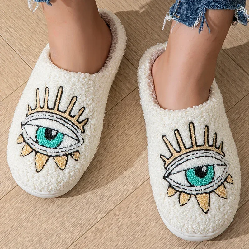 Fashion Home Women Fluffy Slippers Winter Soft Sole Houseshoes Eye Fuzzy Cotton Heart Flat Sole Funny Flip Flops Indoor Shoes