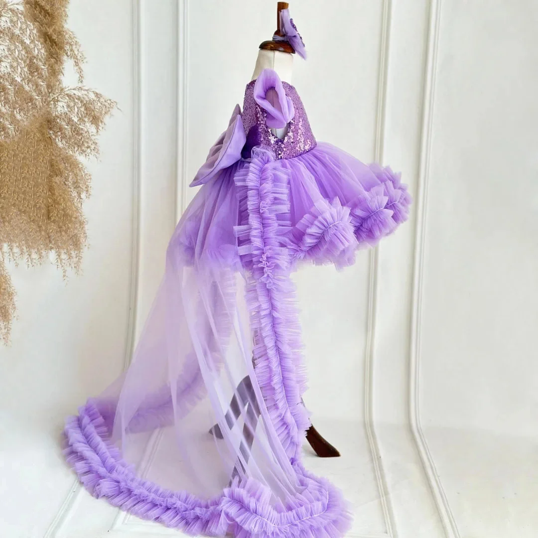 فستان فتاة الزهور مخصص أرجواني ترتر تول متدرج مع فيونكة وزائدة لحفلات الزفاف وأعياد الميلاد وحفلات التواصل المقدس #3