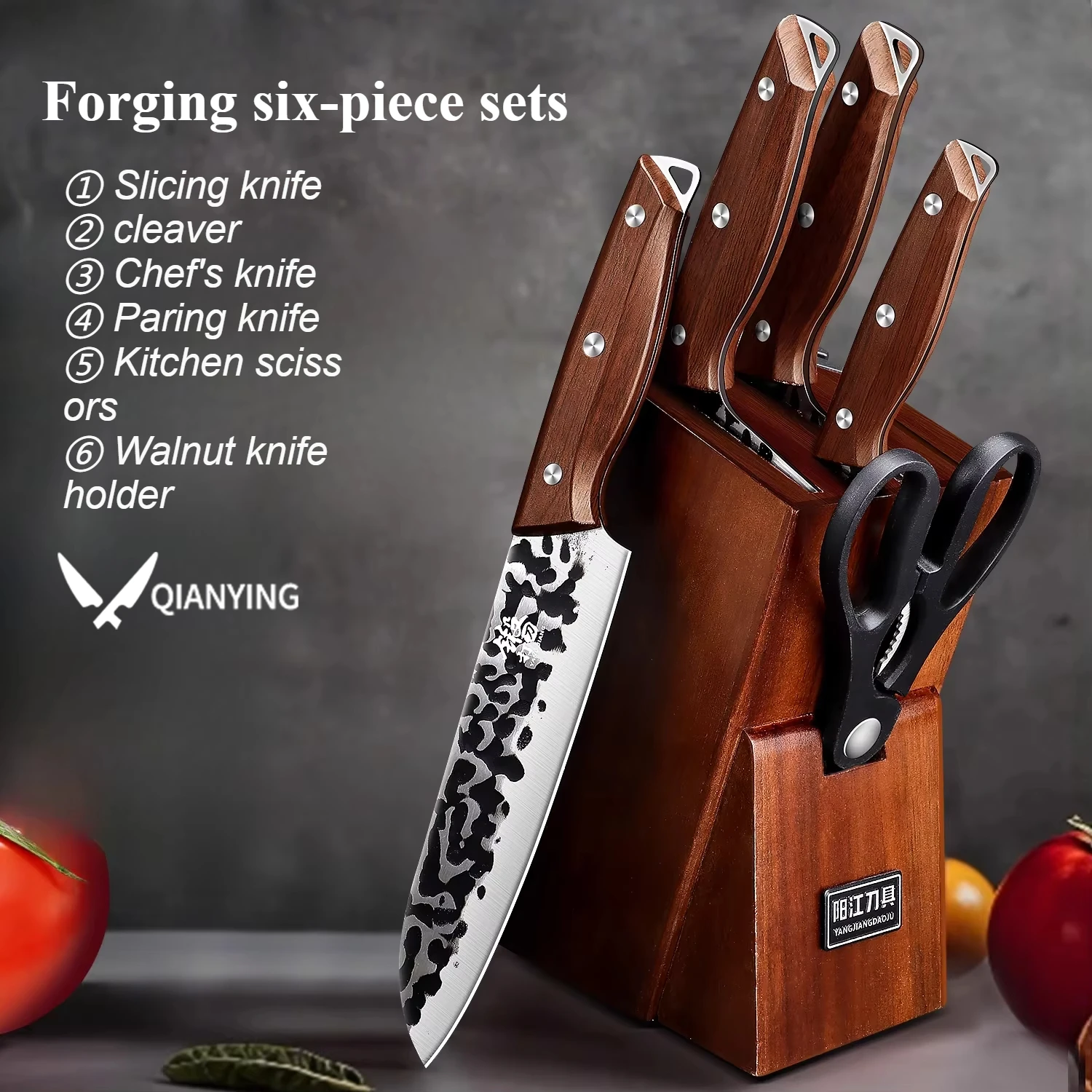 

Ручной кованый набор кухонных ножей премиум-класса из 6 предметов - универсальные ножи-тесак с подставкой из орехового дерева, кухонный нож из нержавеющей стали