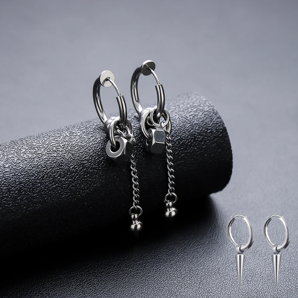 1PC Silver Color Chain Spike Rivet Dangle No Pierced Earrings for Men Titanium Steel Drop Earrings Clip On Ear Punk Jewelry Gift