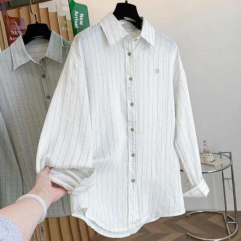 

Women's plus Size Shirt Spring Summer New Style Striped Cotton Linen Long Sleeve Mid-Length Outerwear Breathable Commute Style