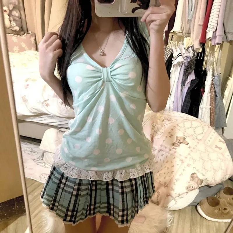 Women's Polka Dot Tank Top Bow Detail Lace Hem Sleeveless Top for Daily