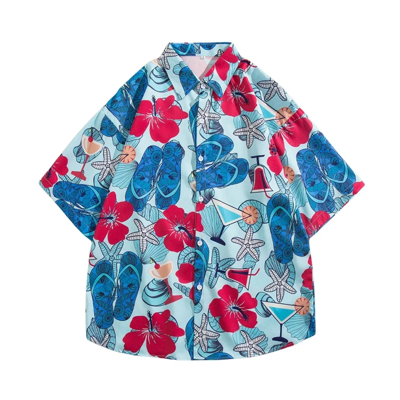Summer Men's Beach Vacation Short Sleeve Floral Shirt Retro Hawaiian Beach Travel Casual Loose Handsome Printed Shirt Coat